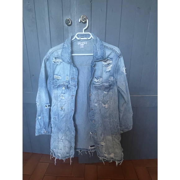 Denim Distressed Jacket Small Shacket Western Utility Grunge Y2K 90s Fall - Picture 4 of 6